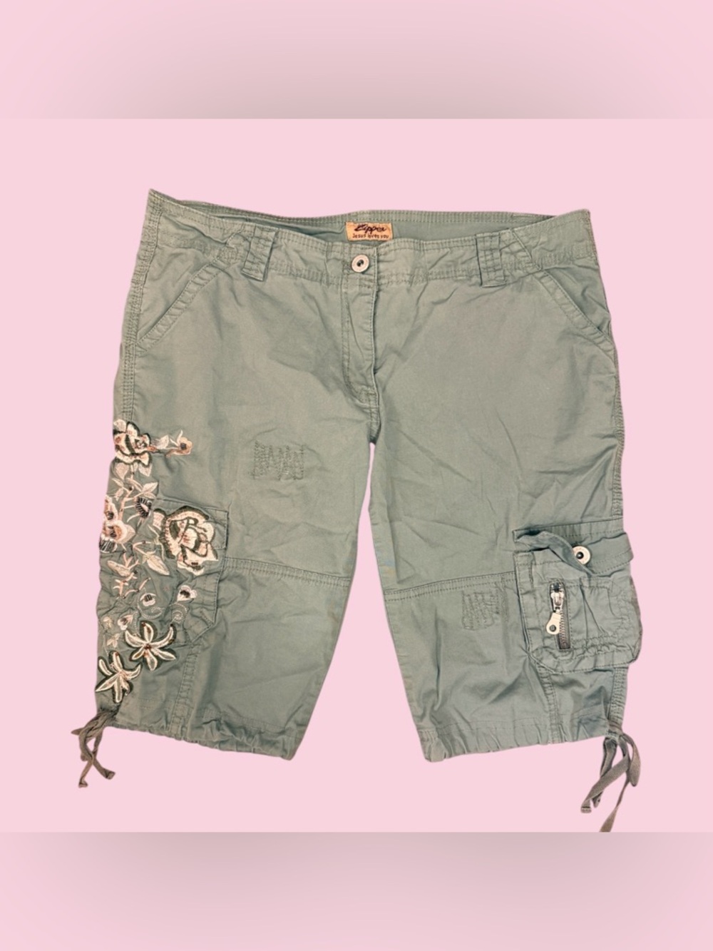 Sage green embroidered shorts